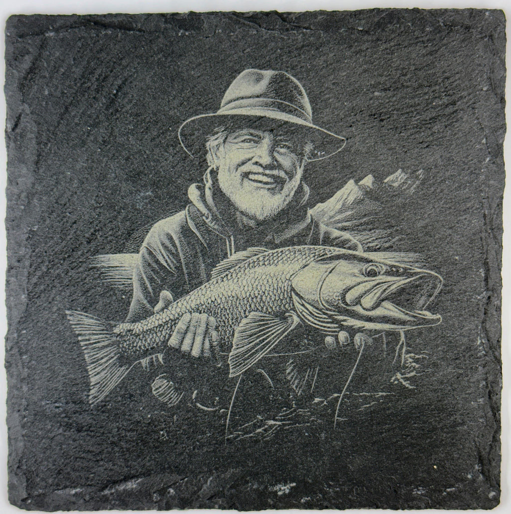 Laser Engraved Fishing Slate Coasters: Angler & Big Catch Designs