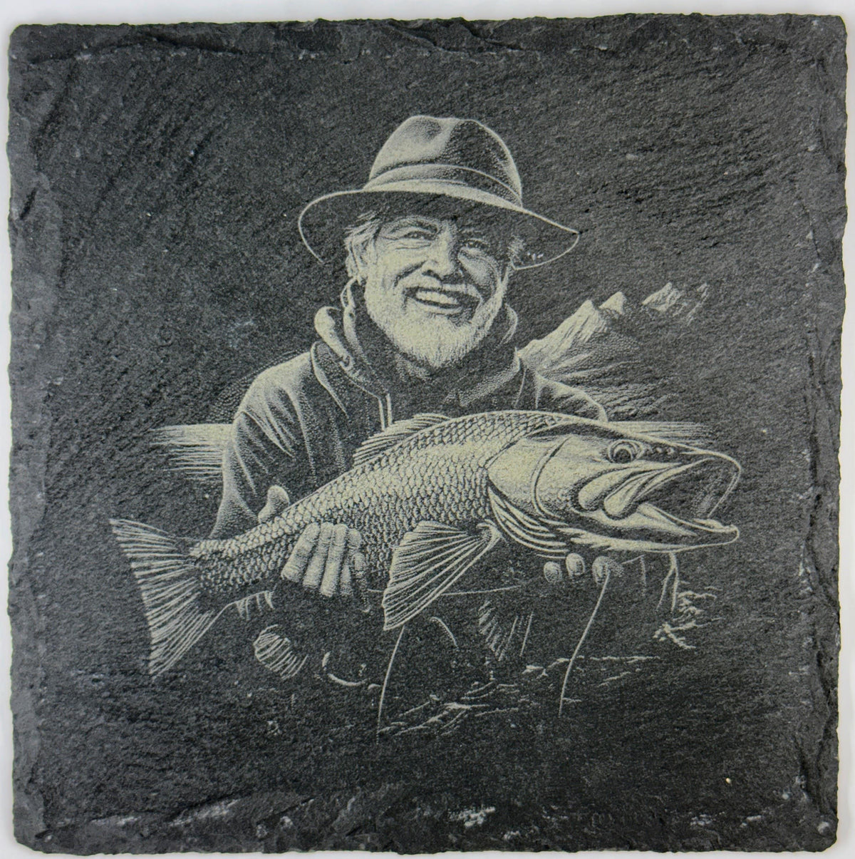 Laser Engraved Fishing Slate Coasters: Angler & Big Catch Designs