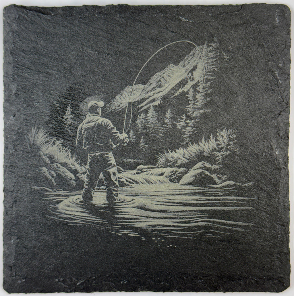 Laser Engraved Fishing Slate Coasters: Angler & Big Catch Designs