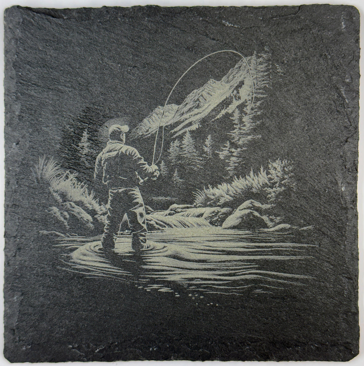 Laser Engraved Fishing Slate Coasters: Angler & Big Catch Designs