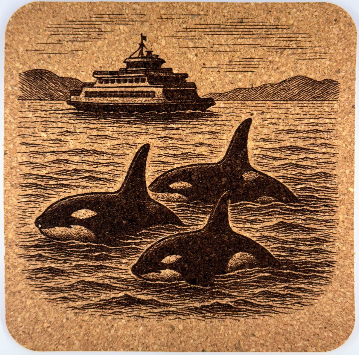 San Juan Islands Cork Coaster Set: Laser Engraved Orcas, Lighthouse, Sailboat