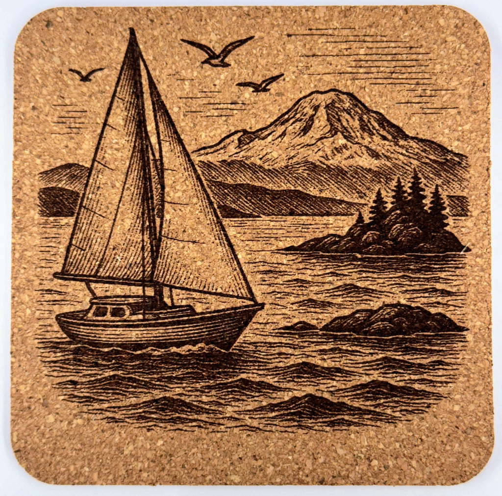 San Juan Islands Cork Coaster Set: Laser Engraved Orcas, Lighthouse, Sailboat