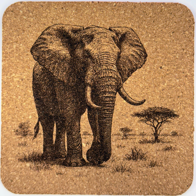 Engraved Elephant Cork Coaster Set: Rustic African Safari Decor