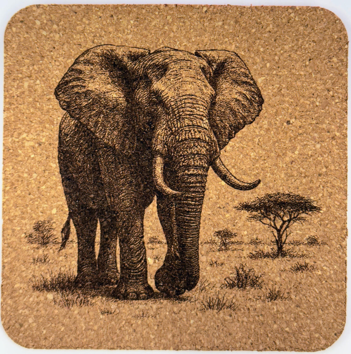 Engraved Elephant Cork Coaster Set: Rustic African Safari Decor