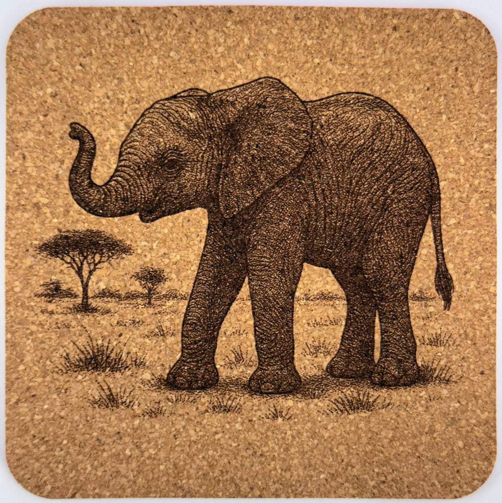Engraved Elephant Cork Coaster Set: Rustic African Safari Decor