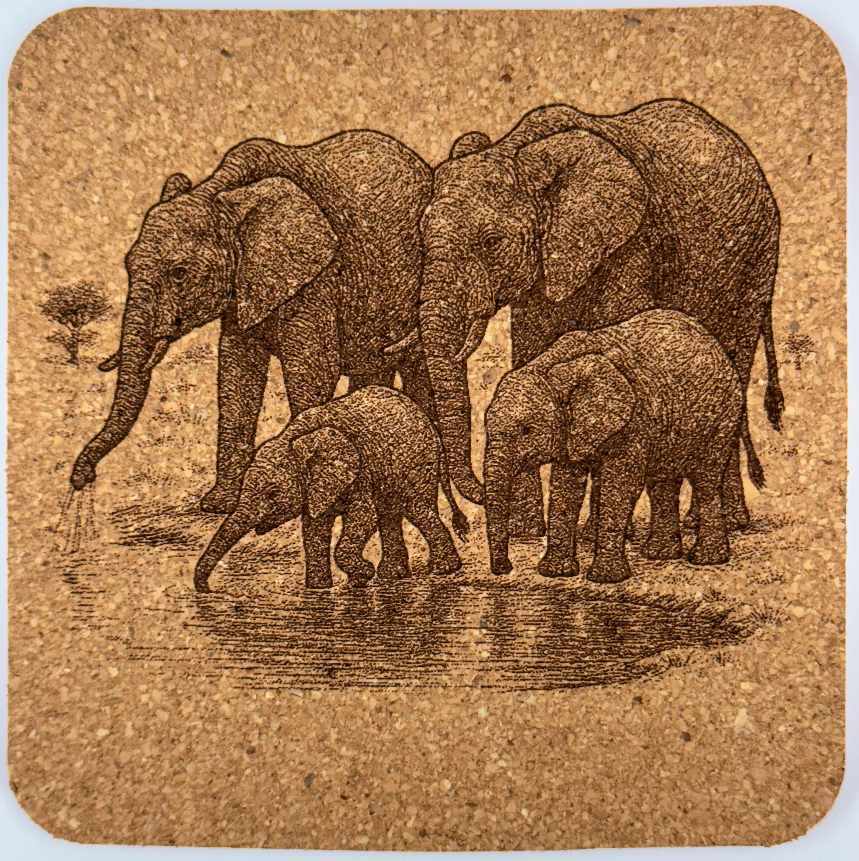 Engraved Elephant Cork Coaster Set: Rustic African Safari Decor