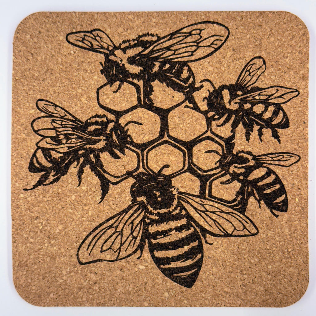 Honeycomb Bee Set of 4 Laser Engraved Cork Coasters, Hive Design