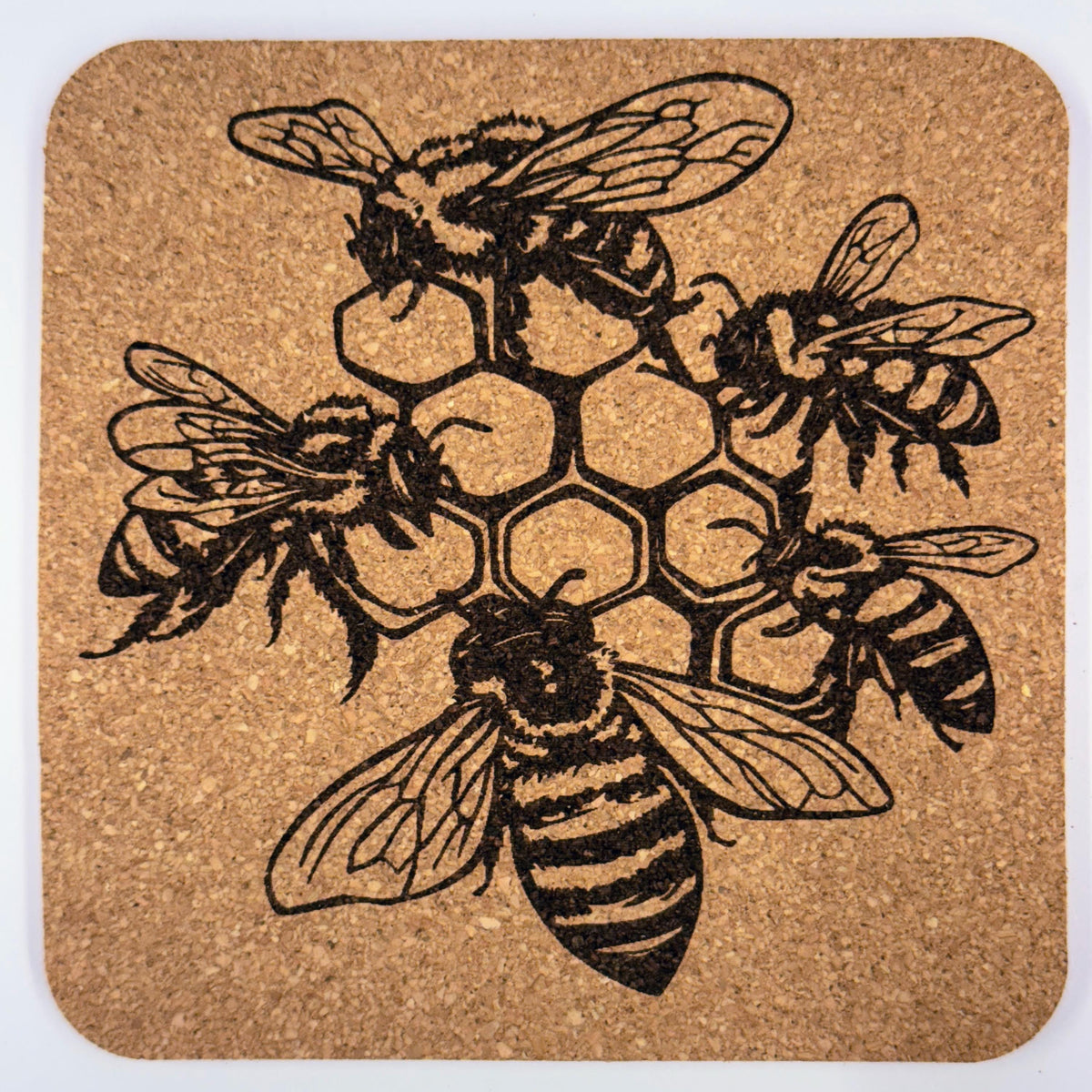 Honeycomb Bee Set of 4 Laser Engraved Cork Coasters, Hive Design