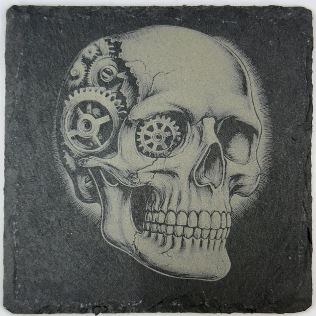 Industrial Gothic Skull Slate Coasters – Macabre Art with Steampunk Edge