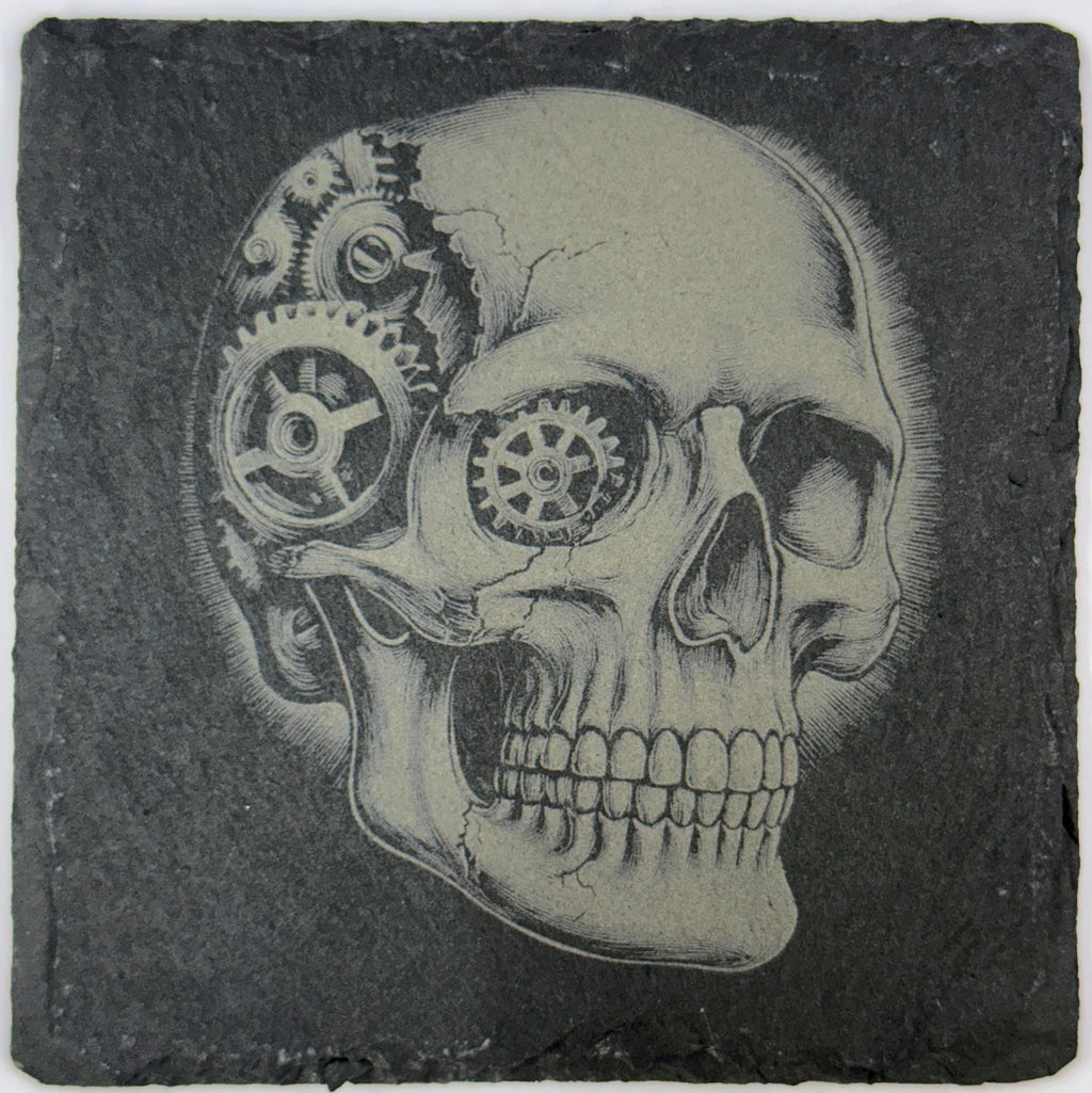 Industrial Gothic Skull Slate Coasters – Macabre Art with Steampunk Edge