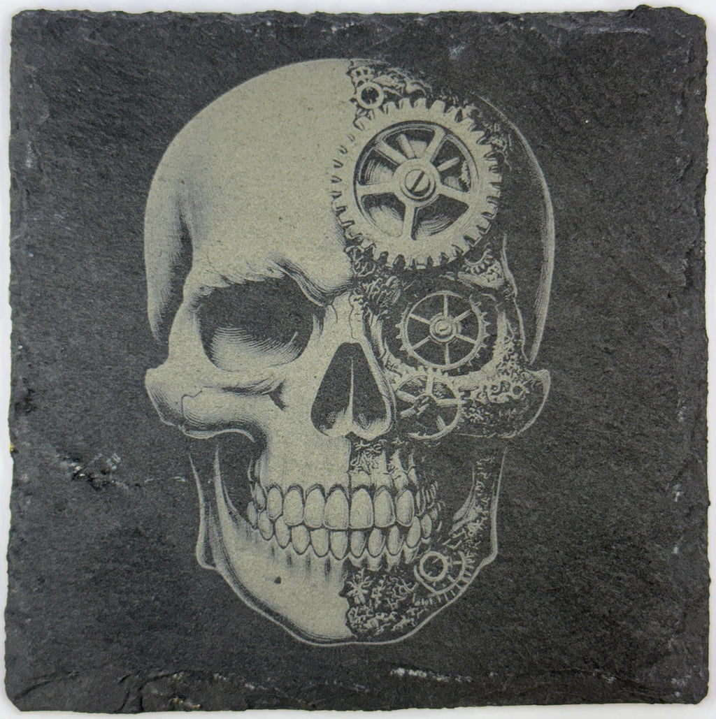 Industrial Gothic Skull Slate Coasters – Macabre Art with Steampunk Edge