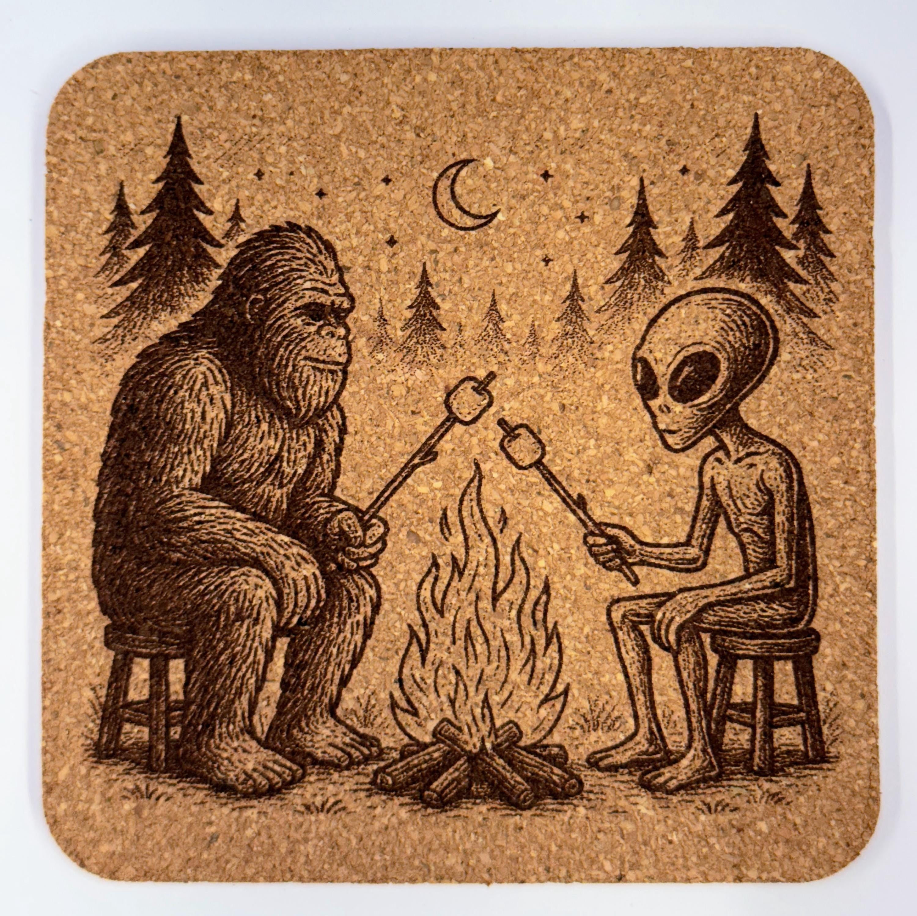 Bigfoot and Alien Cork Coasters: Funny Sasquatch UFO Designs, 4-Pack