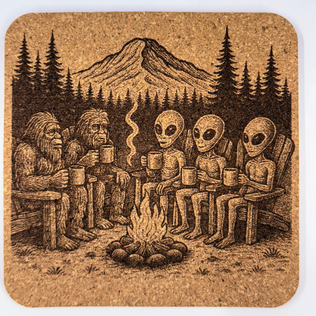 Bigfoot and Alien Cork Coasters: Funny Sasquatch UFO Designs, 4-Pack