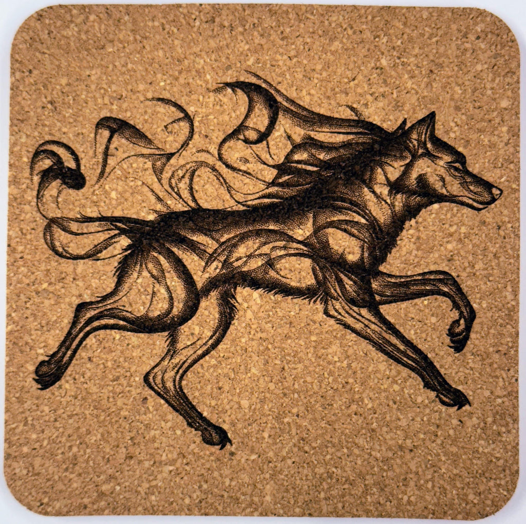 Laser Engraved Cork Coasters - Mystical Smoke Animal Design - Set of 4