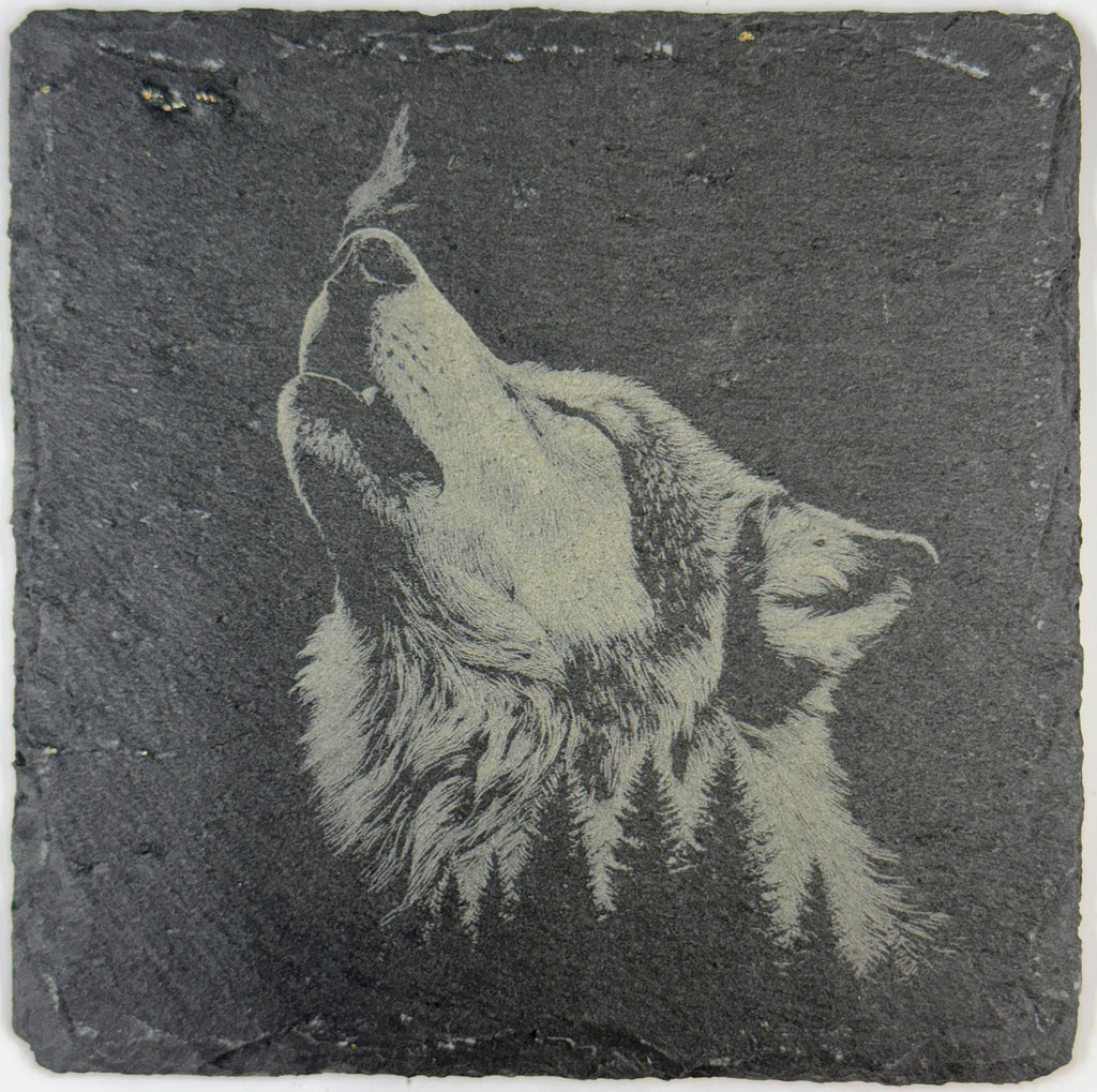 Wolf Wildlife Portraits, Rustic Cabin Decor, Set of 4 Laser Engraved Slate Coasters