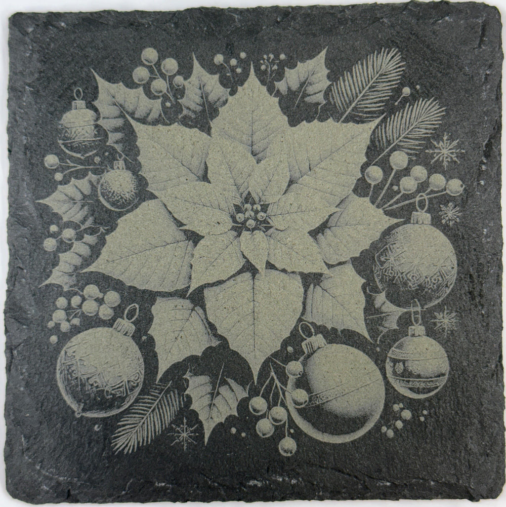 Holiday Poinsettias Laser Engraved Slate Coasters – Christmas Holiday Drinkware