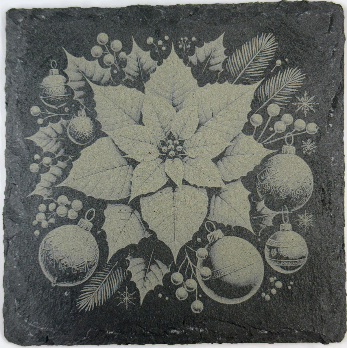 Holiday Poinsettias Laser Engraved Slate Coasters – Christmas Holiday Drinkware
