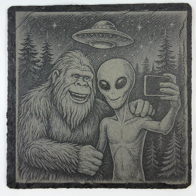 Bigfoot and Alien set of 4 Laser Engraved Slate Coasters