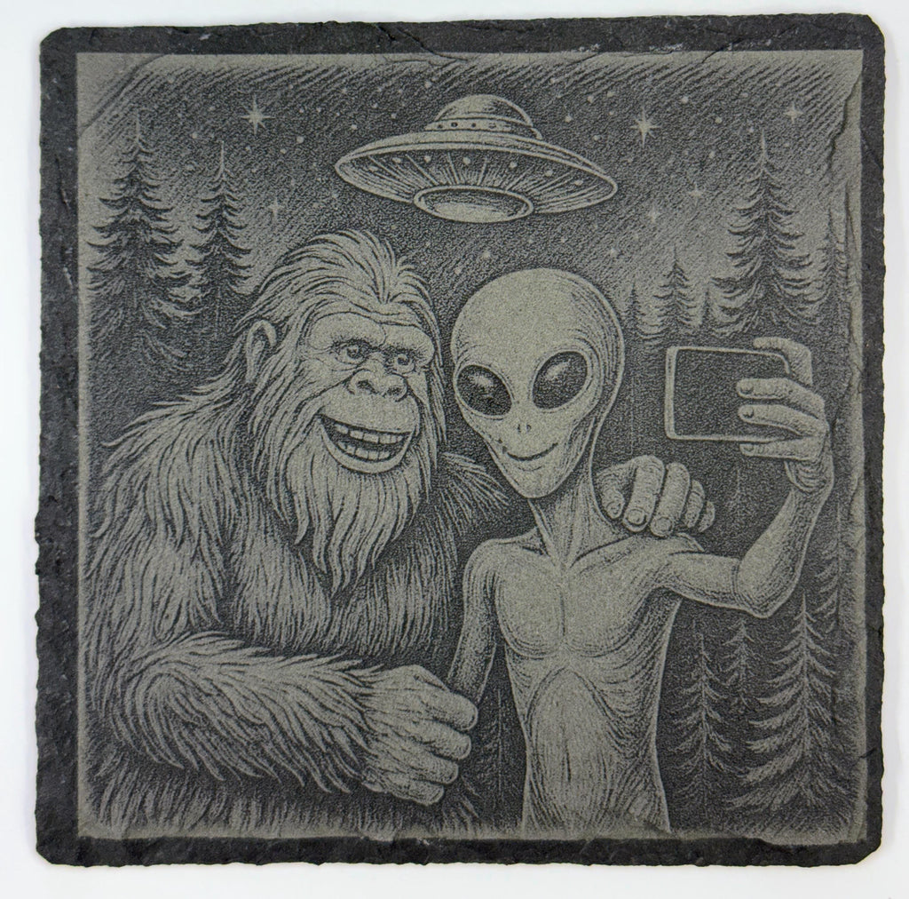 Bigfoot and Alien set of 4 Laser Engraved Slate Coasters