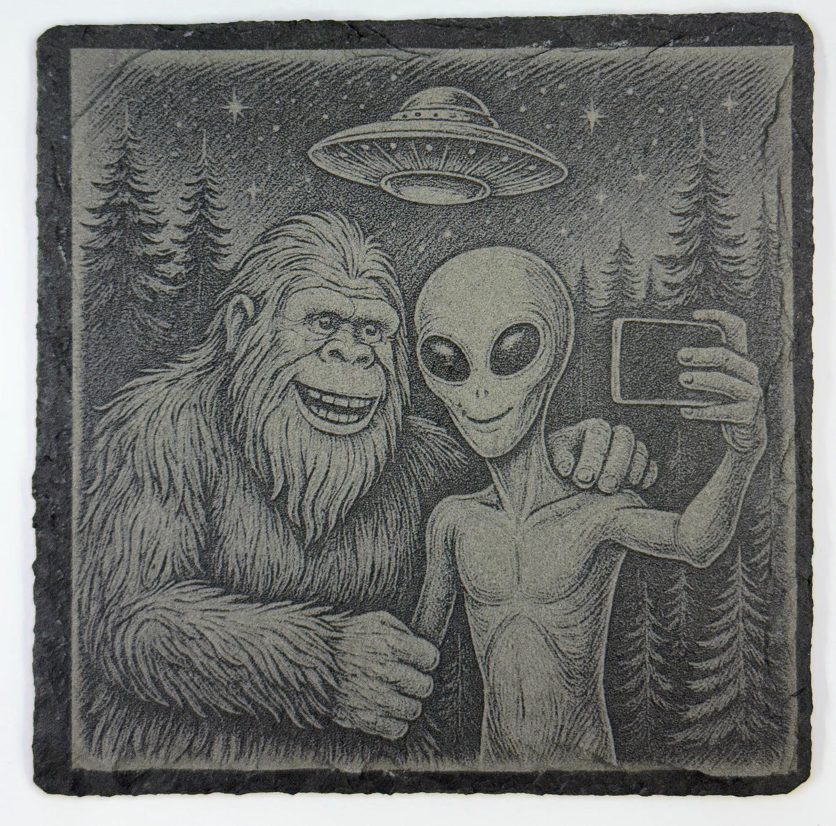 Bigfoot and Alien set of 4 Laser Engraved Slate Coasters