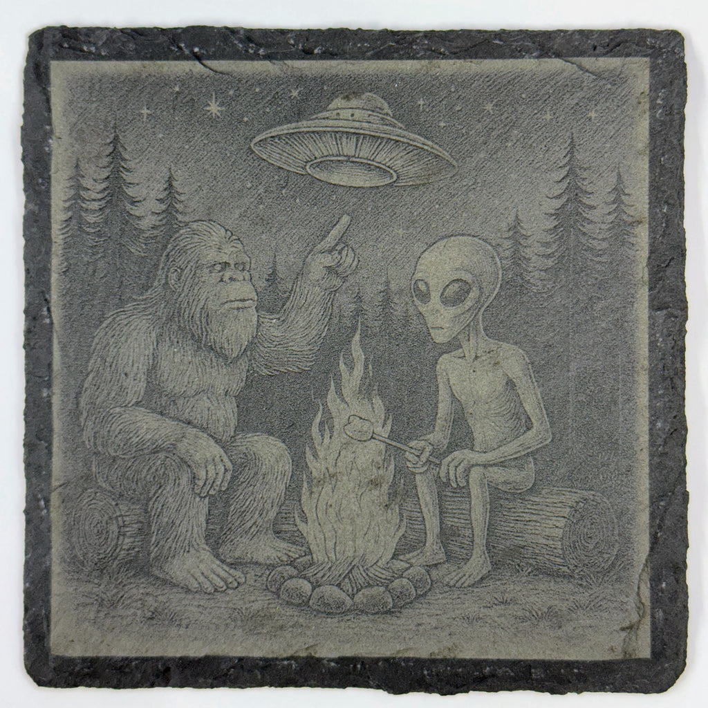 Bigfoot and Alien set of 4 Laser Engraved Slate Coasters