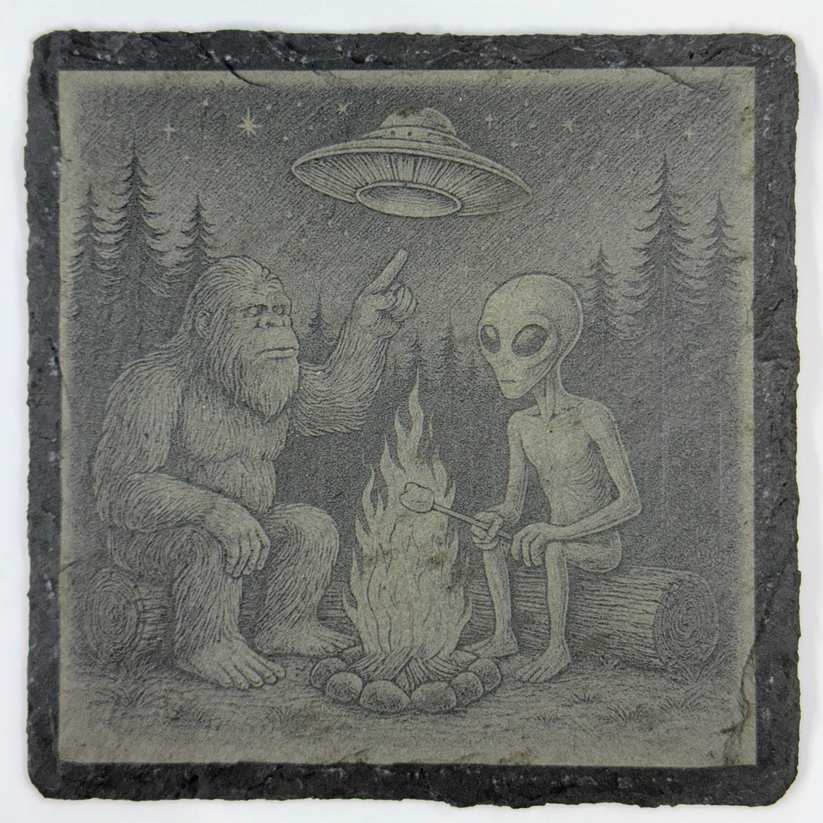 Bigfoot and Alien set of 4 Laser Engraved Slate Coasters