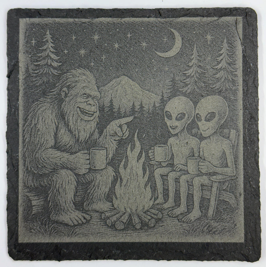 Bigfoot and Alien set of 4 Laser Engraved Slate Coasters