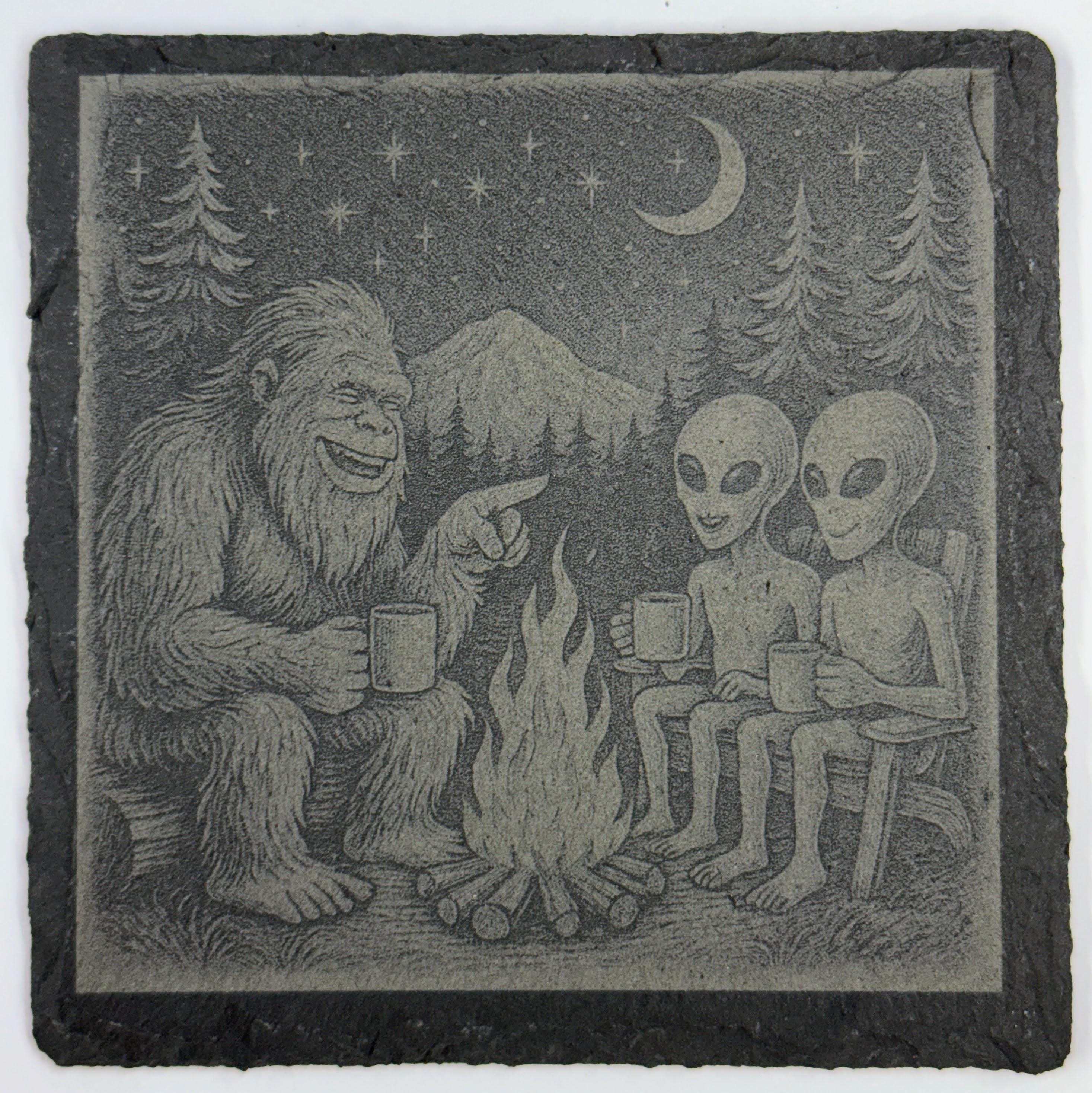 Bigfoot and Alien set of 4 Laser Engraved Slate Coasters