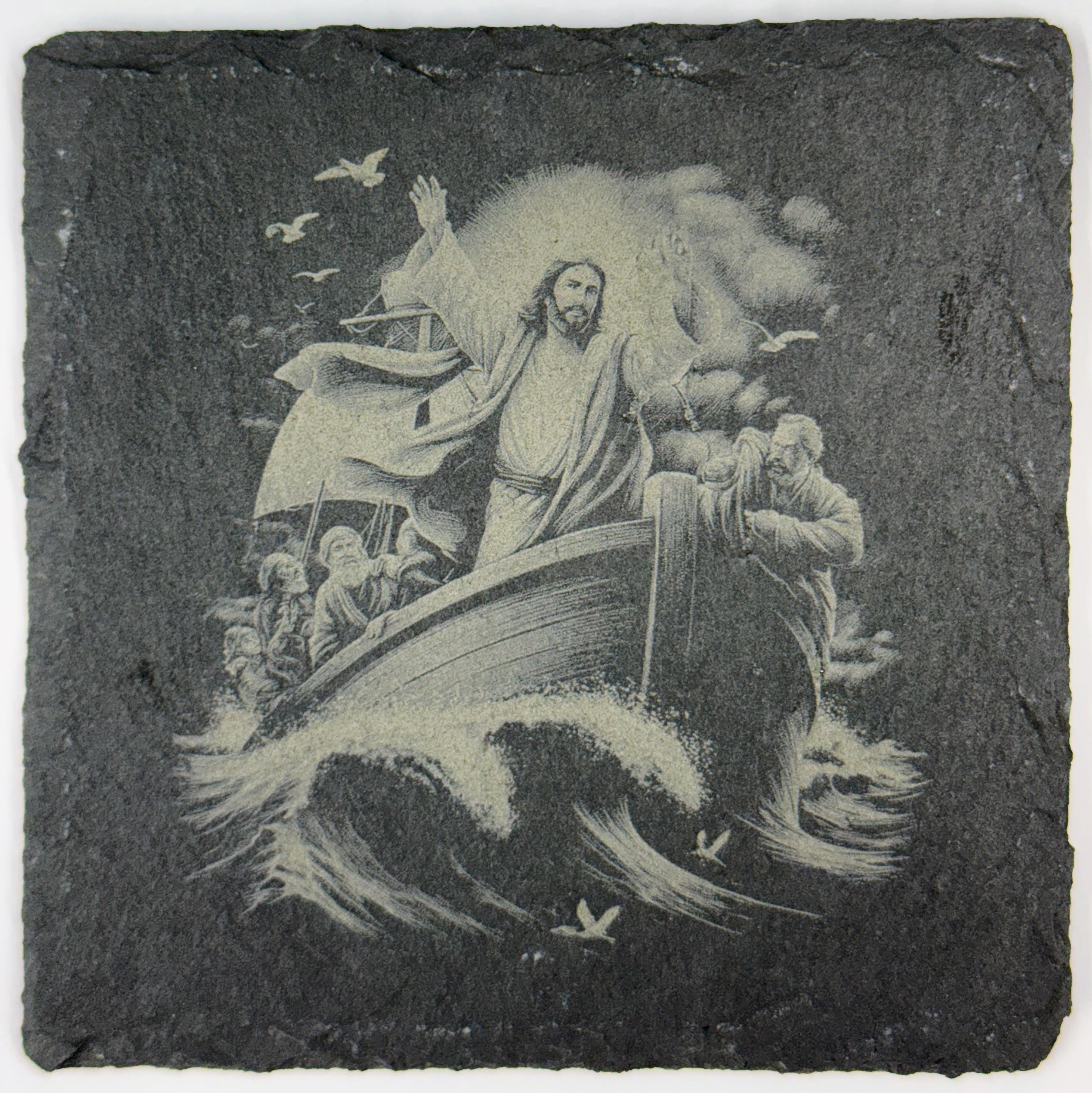 Christian Faith Slate Coaster Set – 4 Pack of Laser Engraved Religious Scenes with Jesus