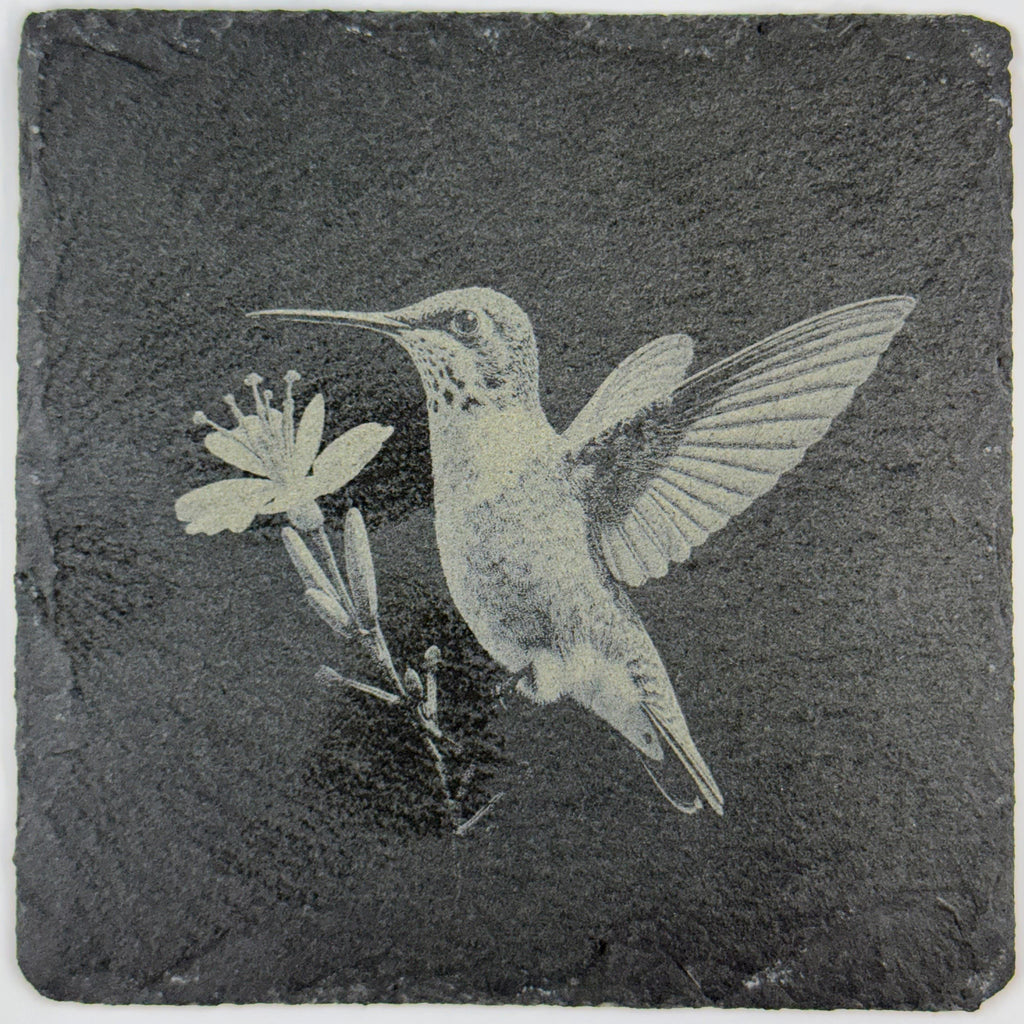 Hummingbird Slate Coaster Set of 4 – Engraved Stone Drink Coasters with Floral Designs