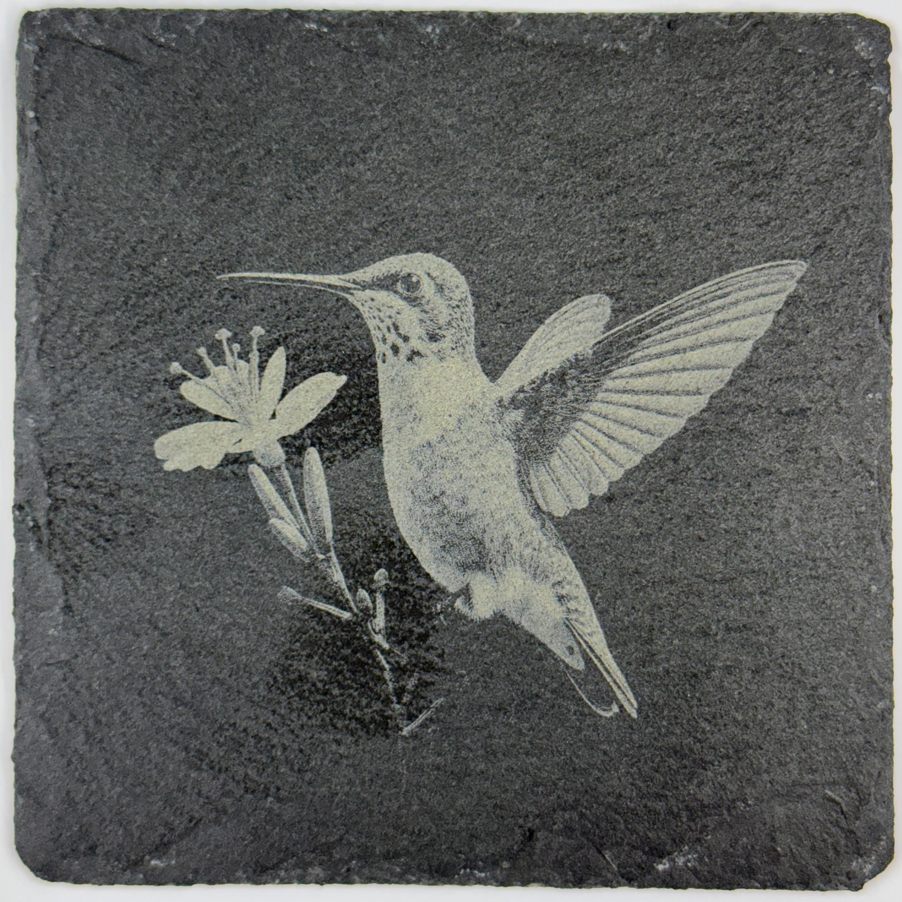 Hummingbird Slate Coaster Set of 4 – Engraved Stone Drink Coasters with Floral Designs