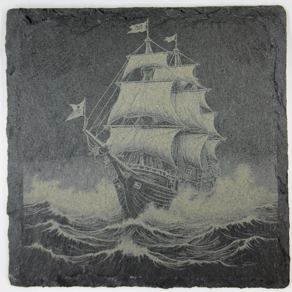 Pirate Ship Slate Coaster Set of 4 – Engraved Nautical Drink Coasters with Sailing Ships