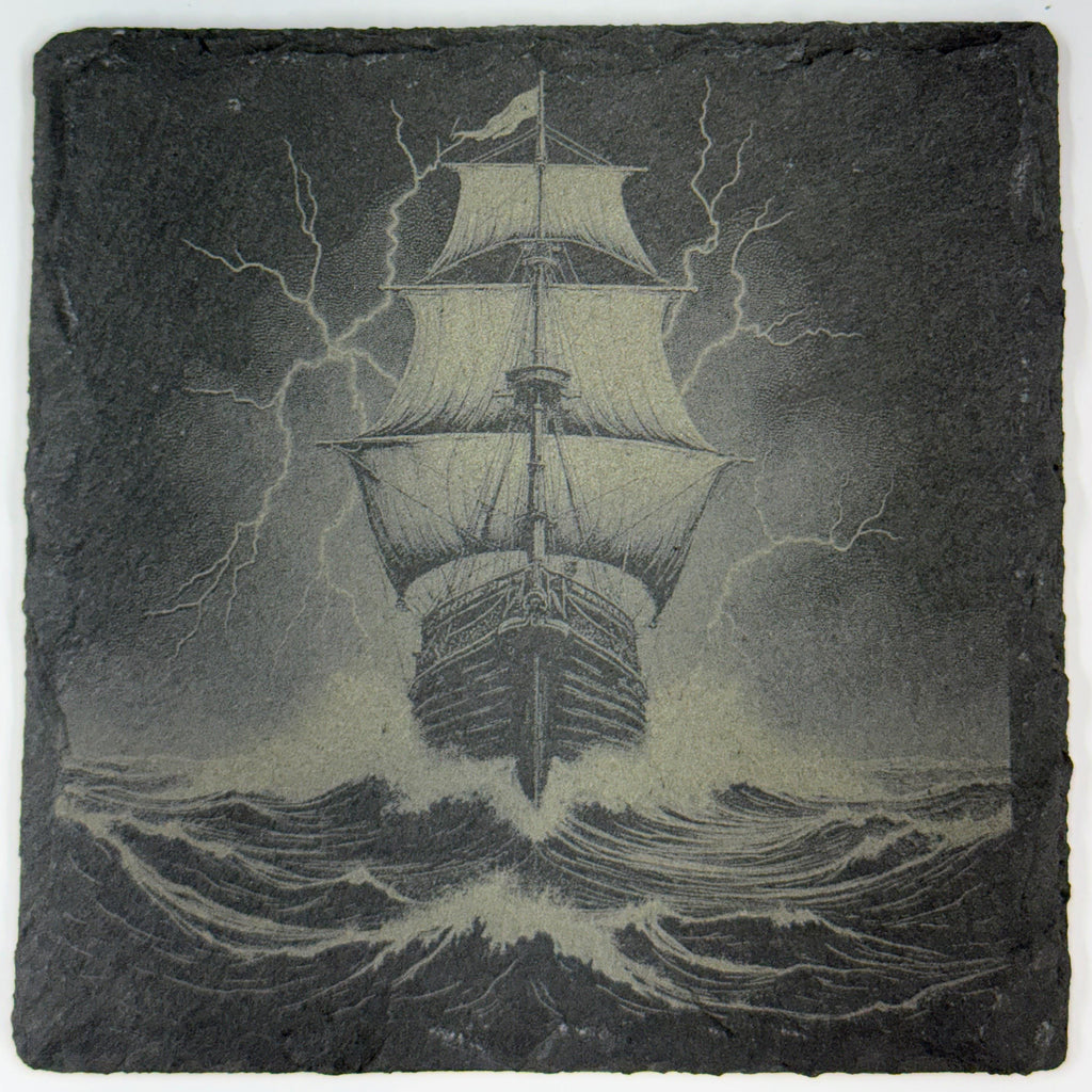 Pirate Ship Slate Coaster Set of 4 – Engraved Nautical Drink Coasters with Sailing Ships