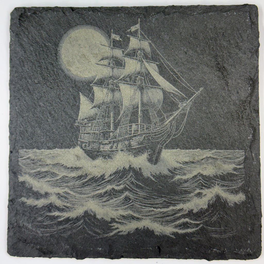 Pirate Ship Slate Coaster Set of 4 – Engraved Nautical Drink Coasters with Sailing Ships