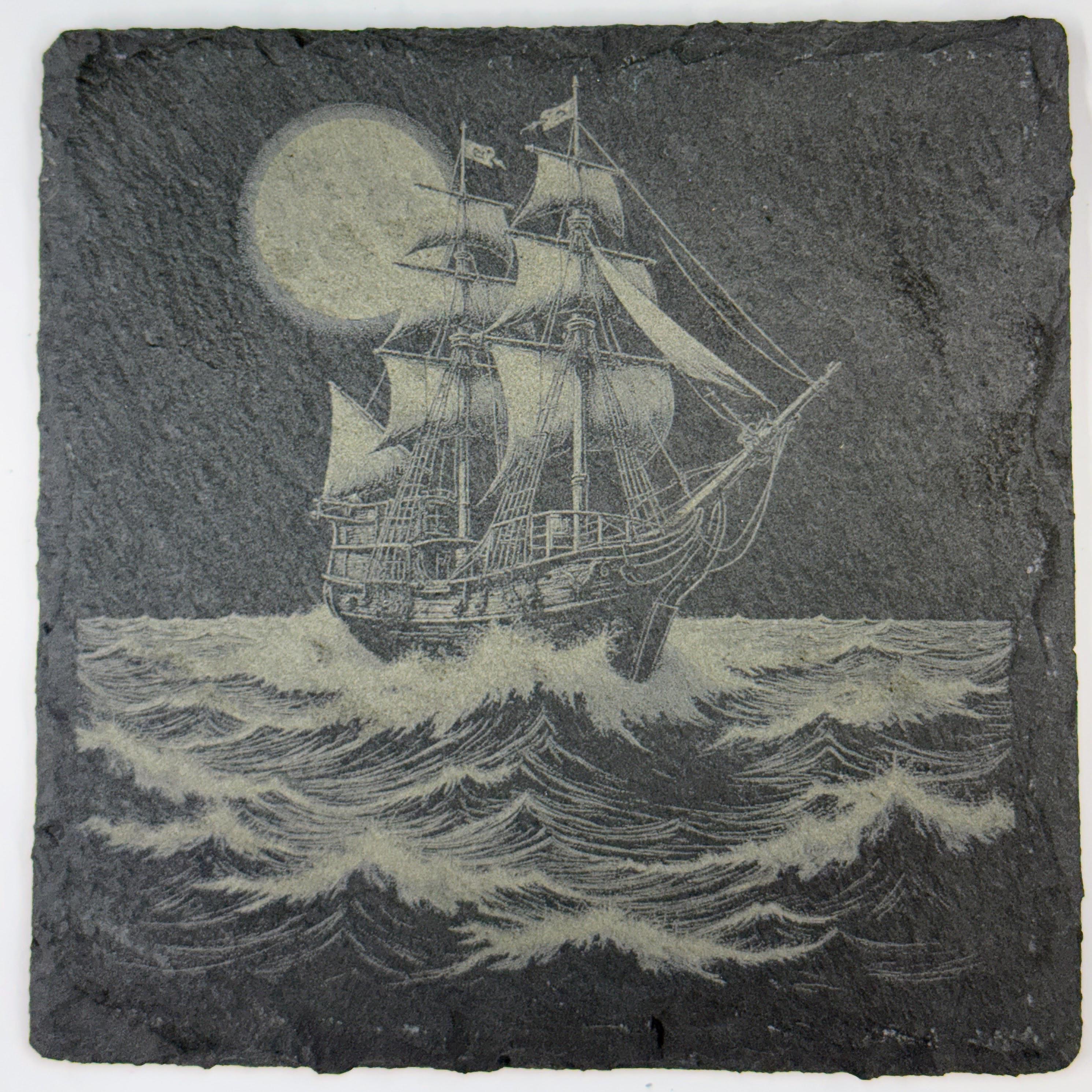Pirate Ship Slate Coaster Set of 4 – Engraved Nautical Drink Coasters with Sailing Ships