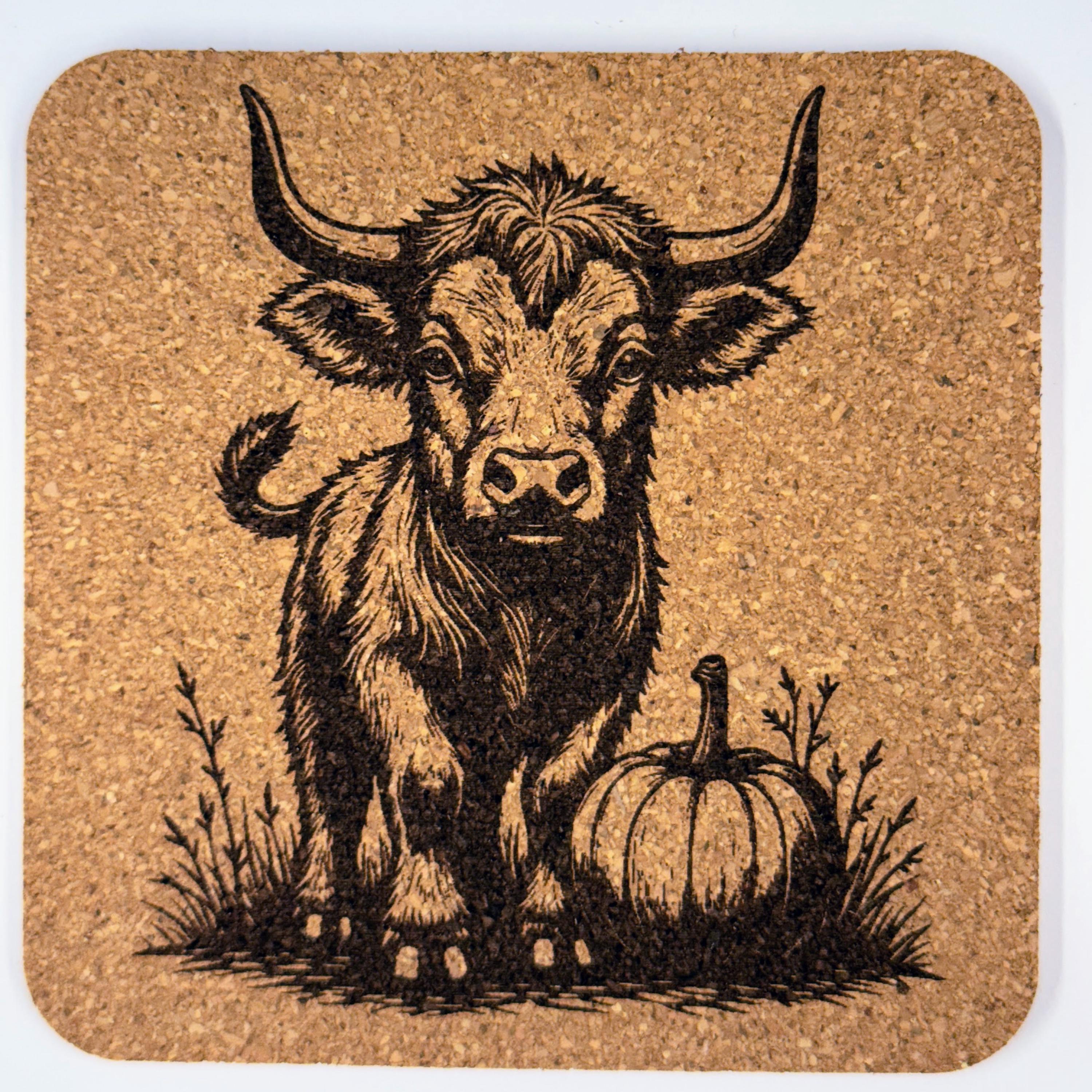 Highland Cow Cork Coaster Set of 4 – Engraved Autumn Pumpkins Rustic Farmhouse Drink Coasters
