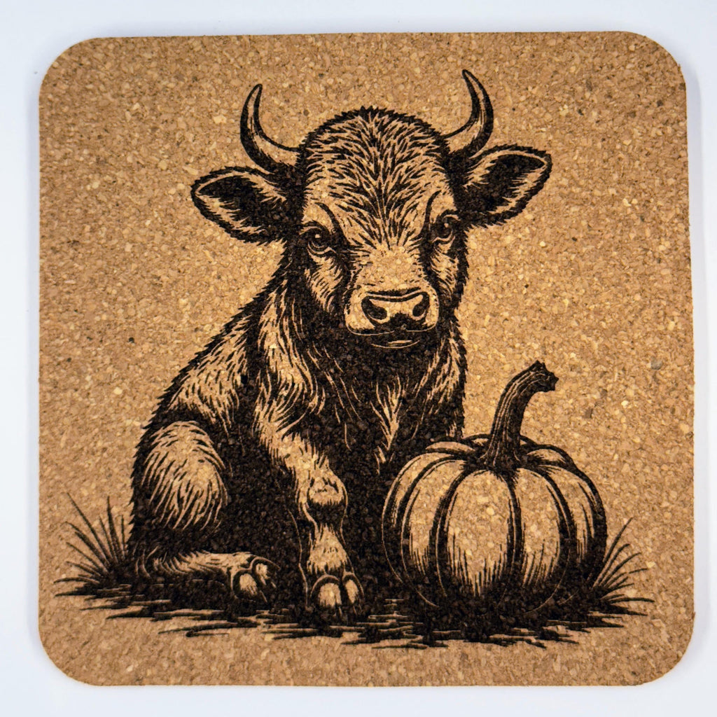 Highland Cow Cork Coaster Set of 4 – Engraved Autumn Pumpkins Rustic Farmhouse Drink Coasters