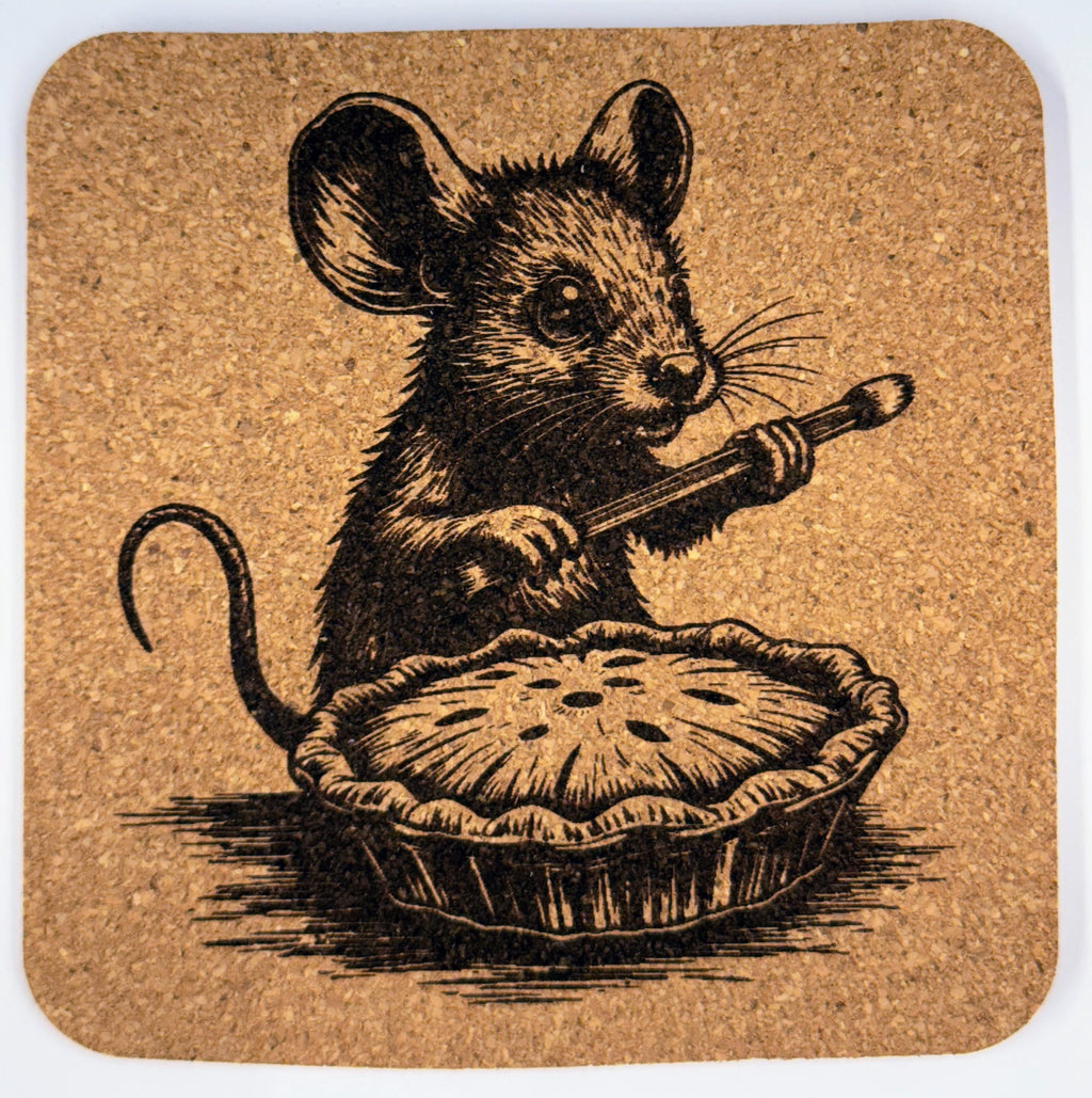 Chef Mouse Cork Coaster Set of 4 – Engraved Cooking Mice Kitchen Drink Coasters