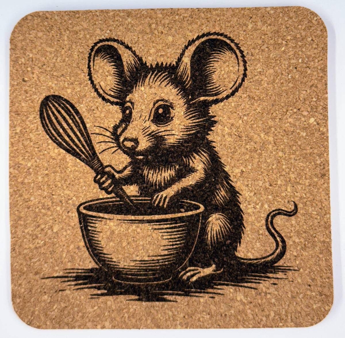 Cooking Mouse Cork Coaster Set of 4 – Engraved Whimsical Kitchen Mice Drink Coasters