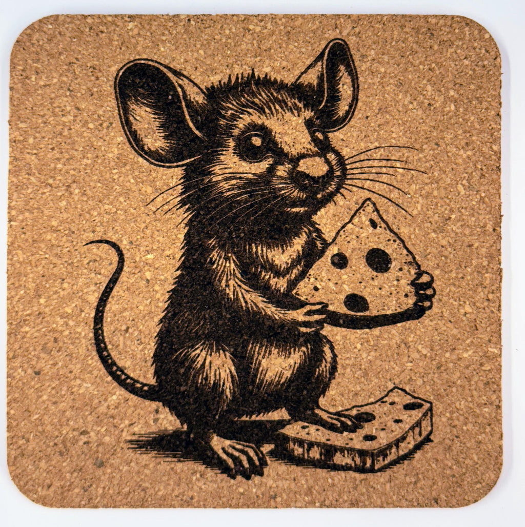 Mouse Cork Coaster Set: Whimsical Wine, Cheese & Pizza Designs