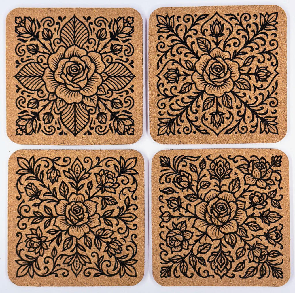 Rose Mandala Cork Coasters: Laser Engraved Floral Home Decor