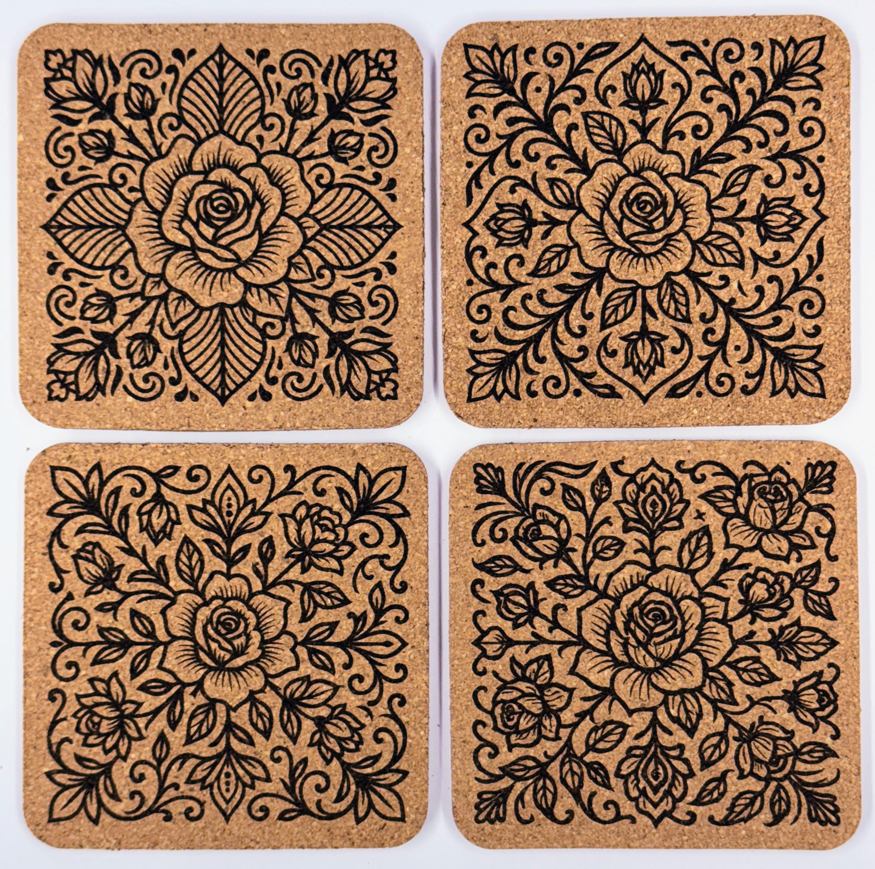 Rose Mandala Cork Coasters: Laser Engraved Floral Home Decor