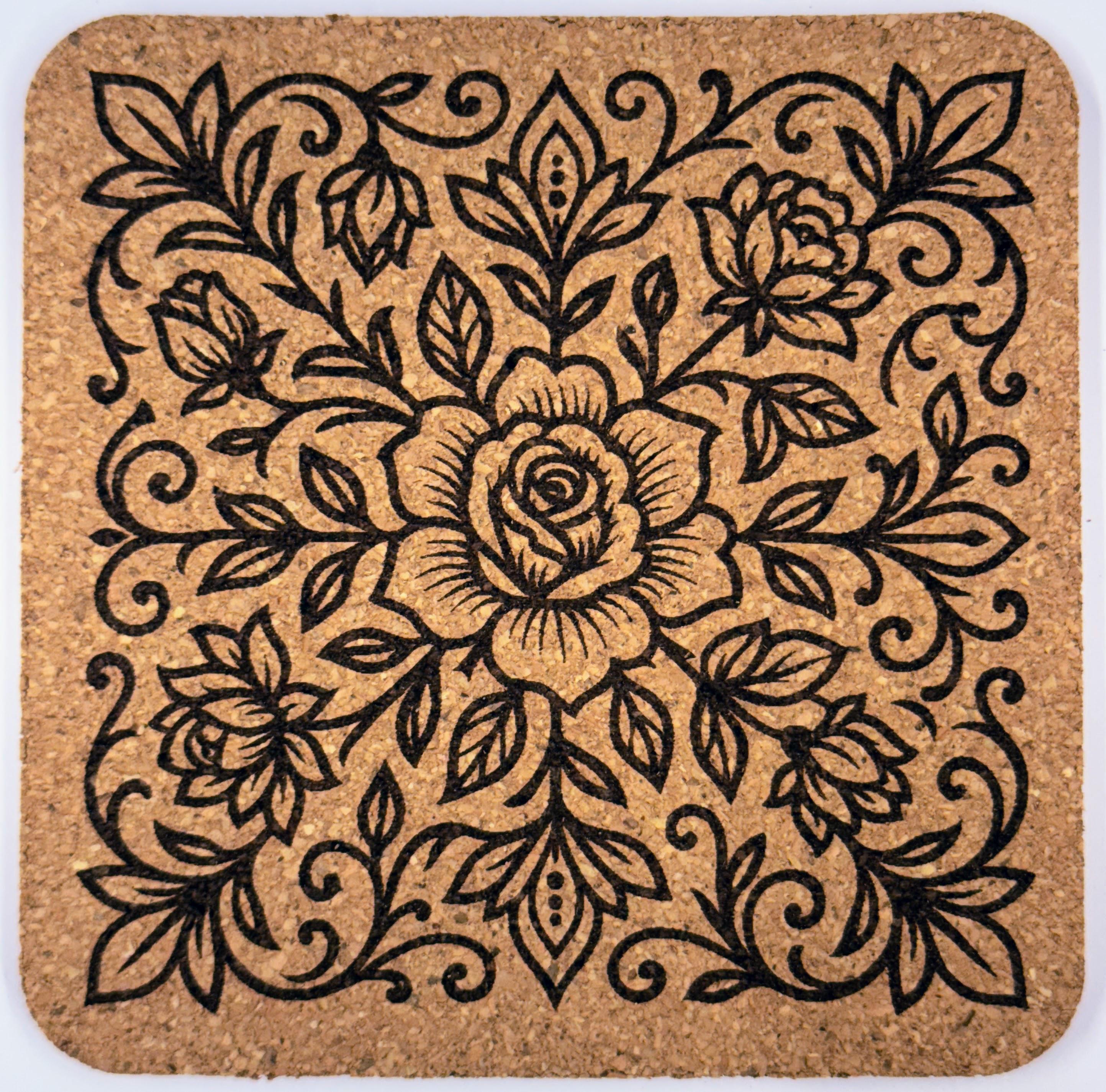 Rose Mandala Cork Coasters: Laser Engraved Floral Home Decor