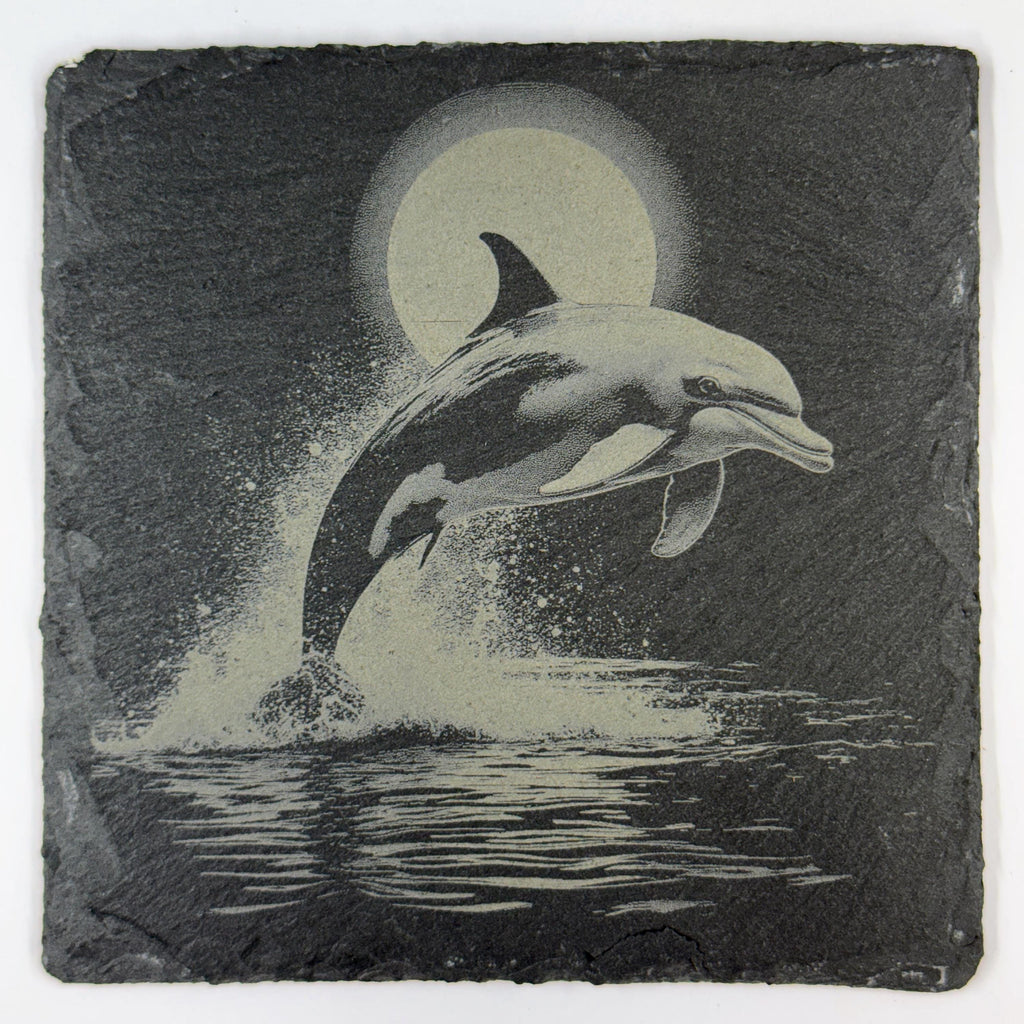 Dolphin Ocean Wildlife, Coastal Beach Decor, Set of 4 Laser Engraved Slate Coasters