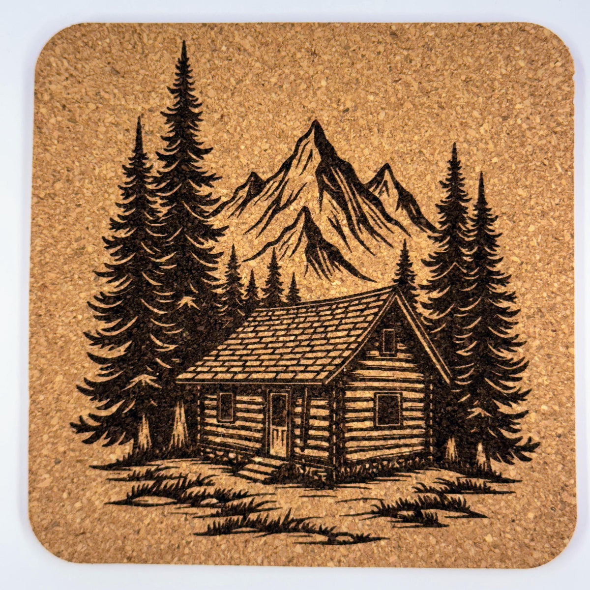 Cabin in the Woods Cork Coaster Set: Laser Engraved Mountain Lodge Decor