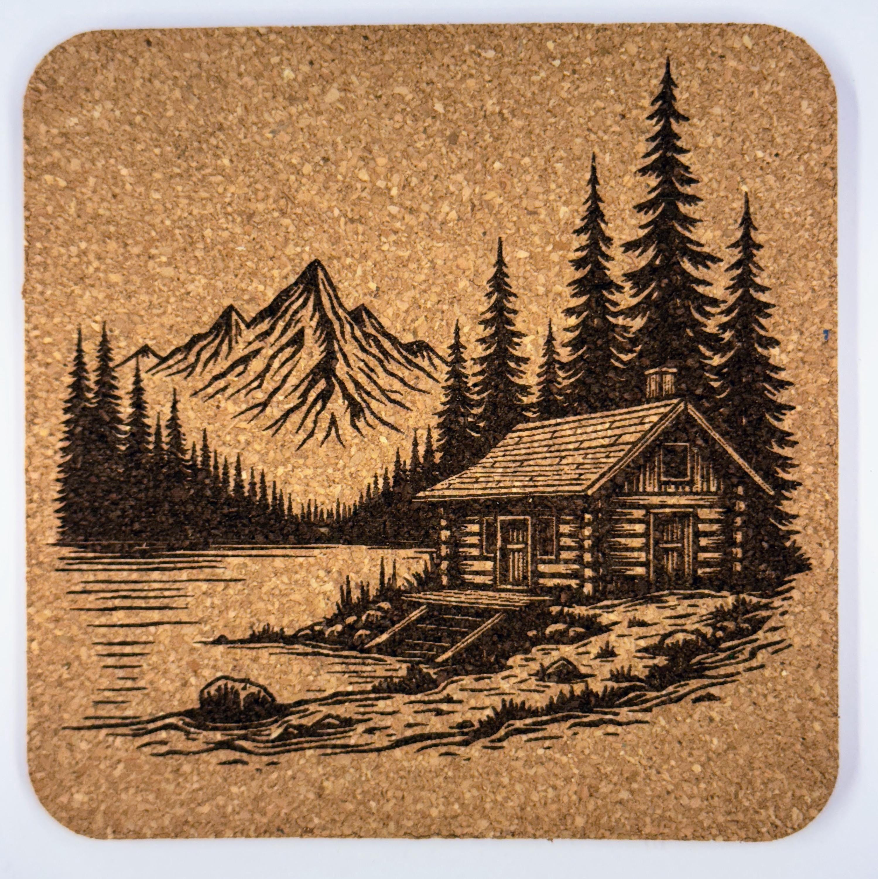 Cabin in the Woods Cork Coaster Set: Laser Engraved Mountain Lodge Decor