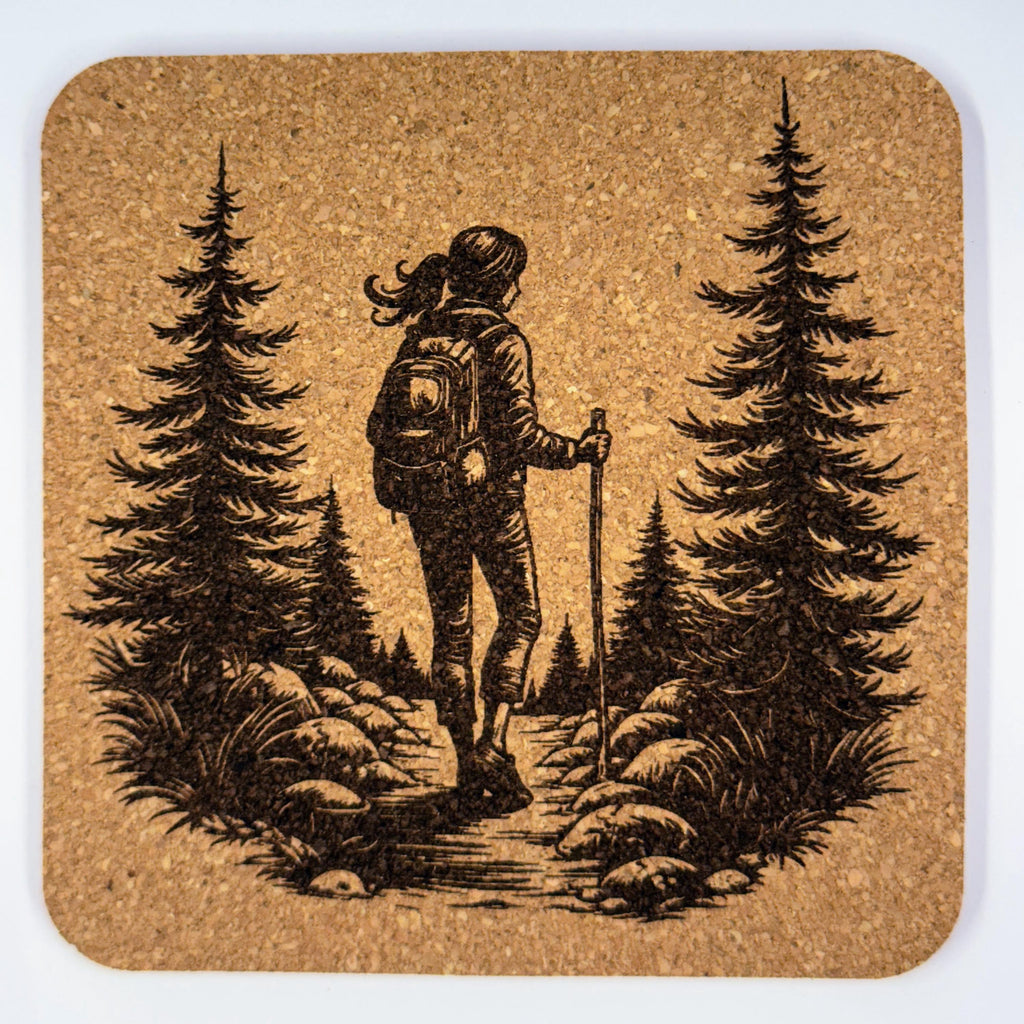 Woman Hiking Cork Coaster Set of 4 - Rustic Outdoor Adventure Decor
