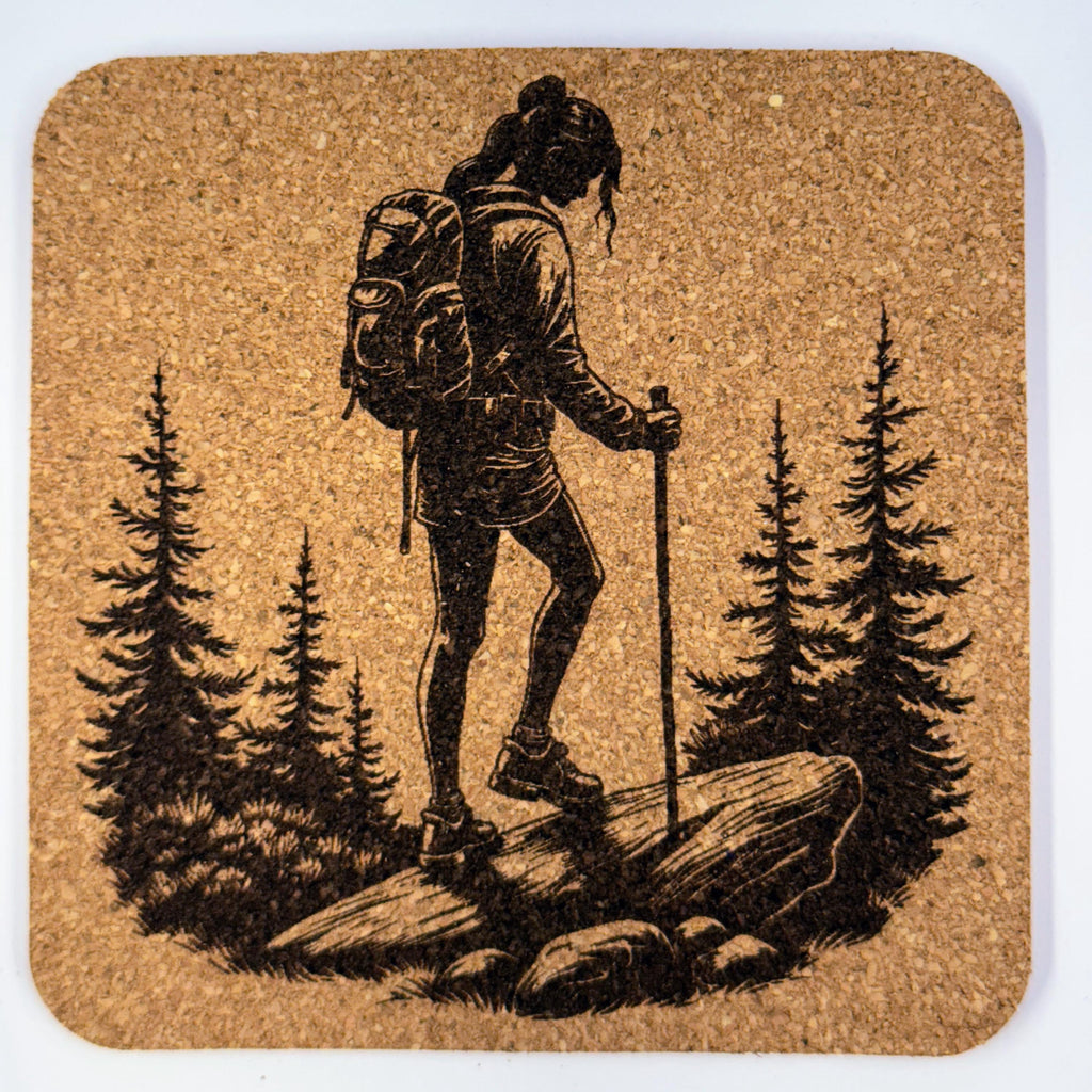 Woman Hiking Cork Coaster Set of 4 - Rustic Outdoor Adventure Decor