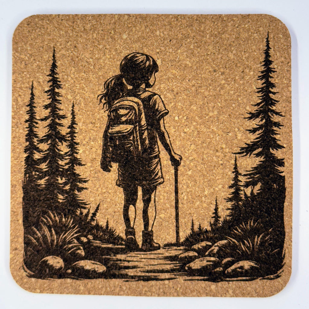 Girl Hiking Cork Coaster Set: Laser Engraved Rustic Nature Decor