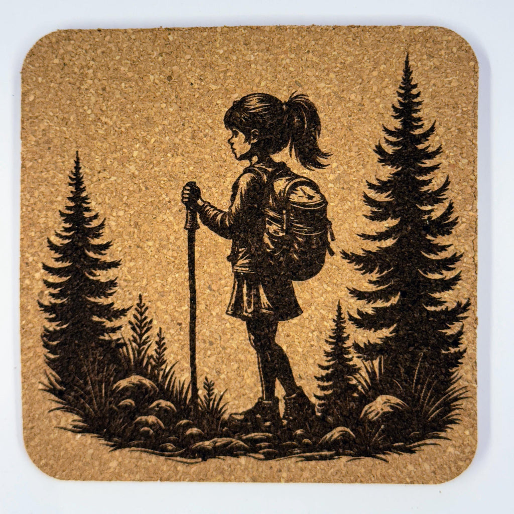 Girl Hiking Cork Coaster Set: Laser Engraved Rustic Nature Decor